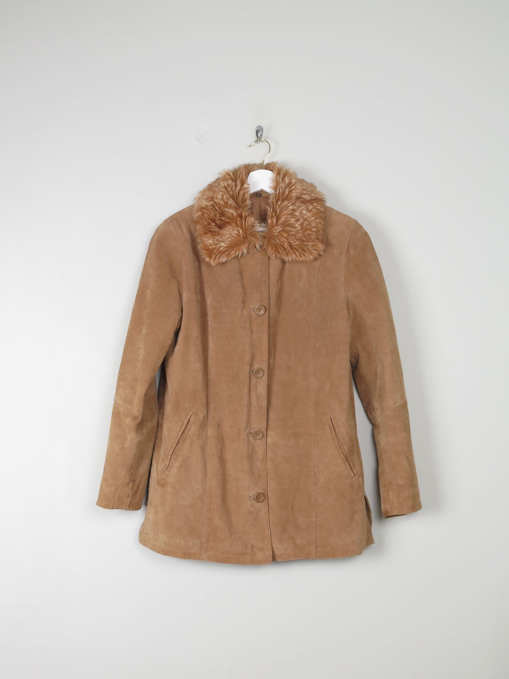 Women's Tan Suede Jacket With Furry Collar M - The Harlequin