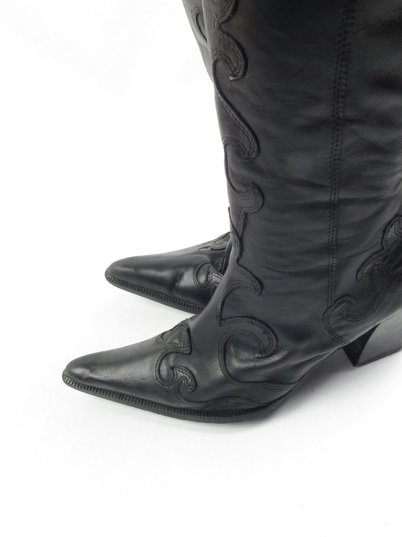 Women's Black Leather Cowboy Style Boots 37/4 - The Harlequin