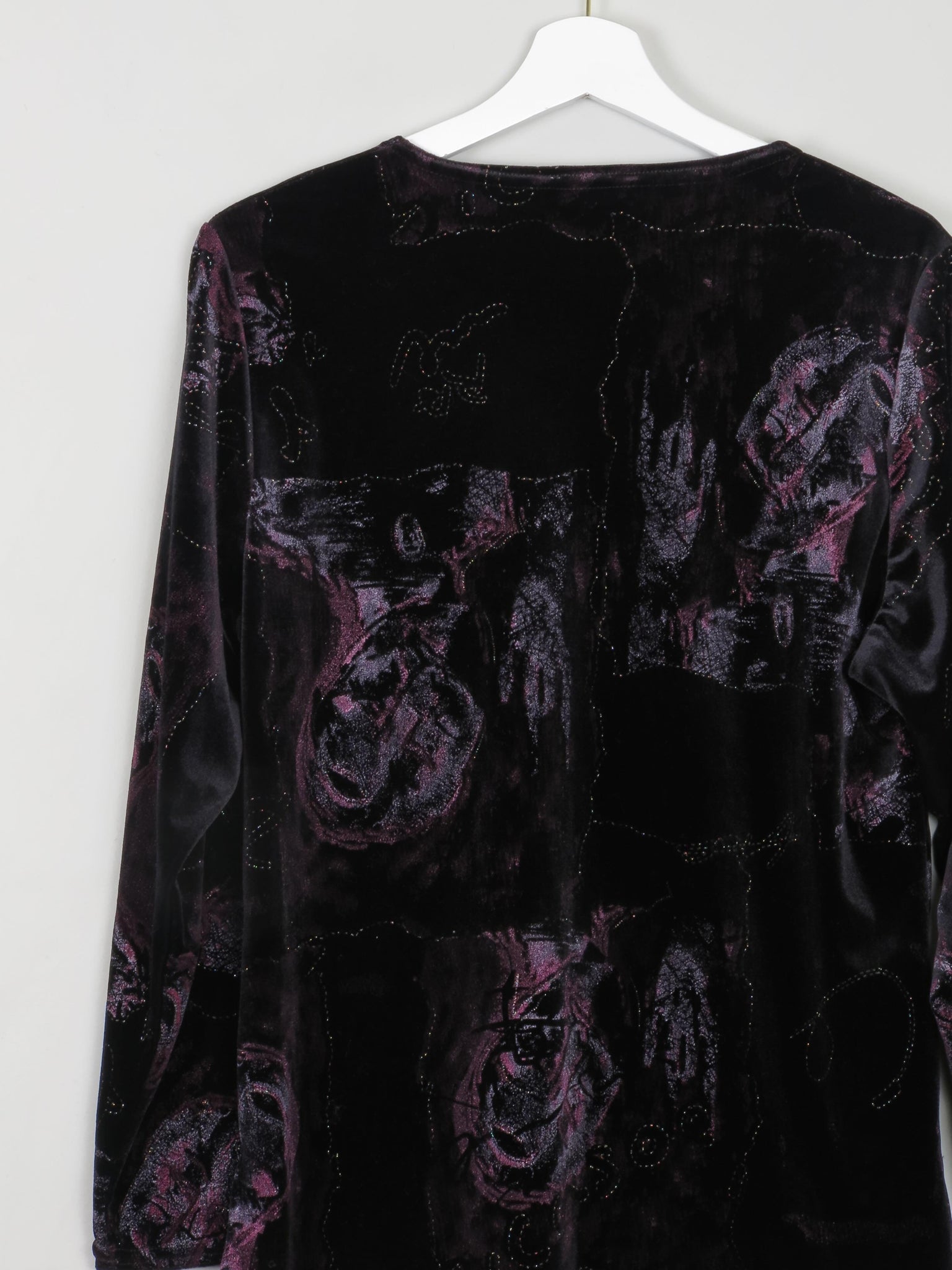 Women's Vintage Black Velvet Top With Embossed Prints S - The Harlequin