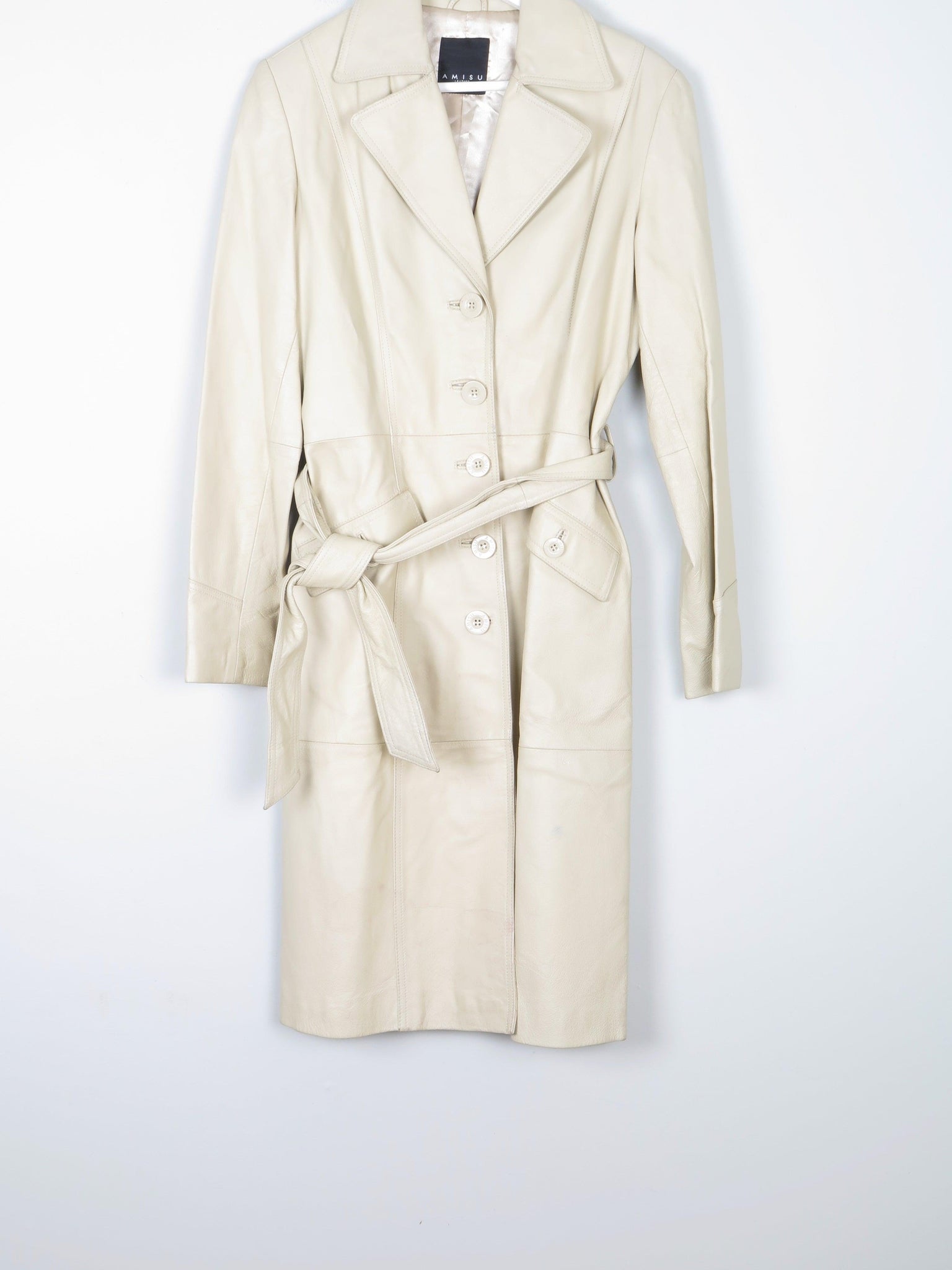 Cream Long Leather Amisu Vintage Style Coat 10/12 - The Harlequin