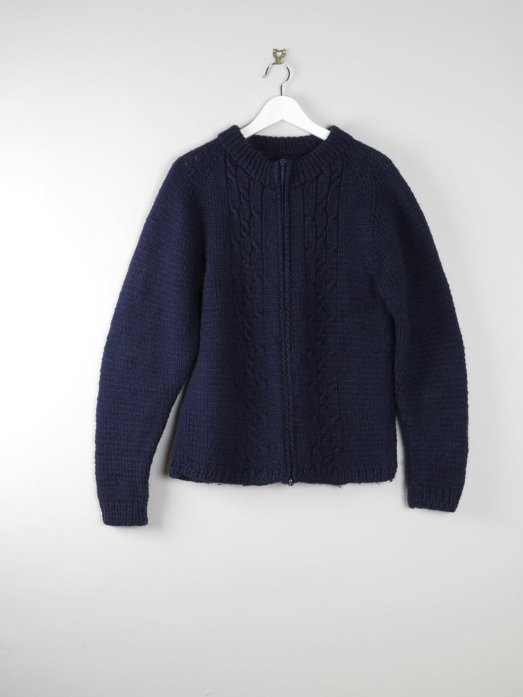 Women's Navy Wool Hand Knit Cardigan With Zip M - The Harlequin