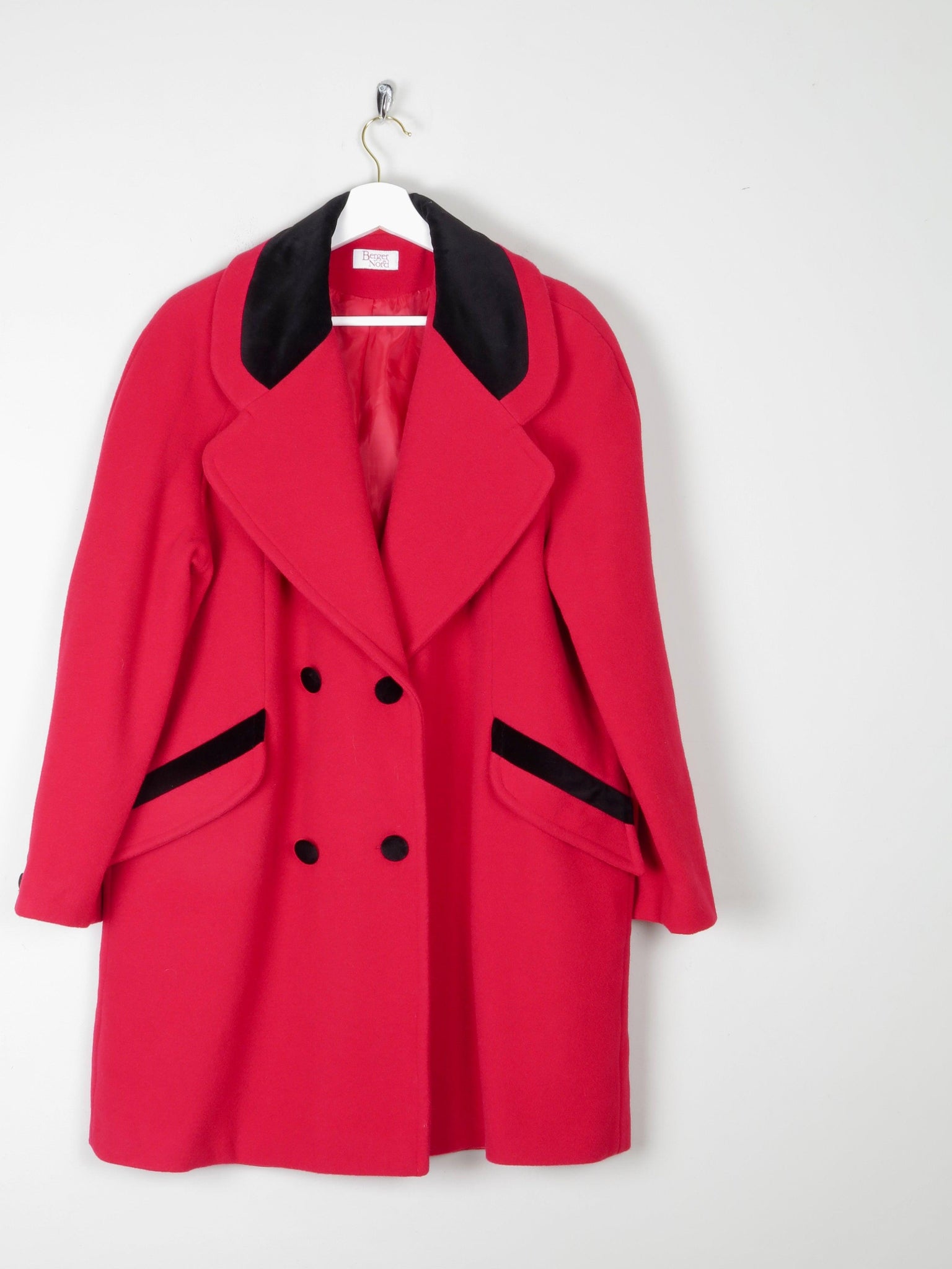 Women's Short Red Wool  Coat With Black Trims M/L - The Harlequin