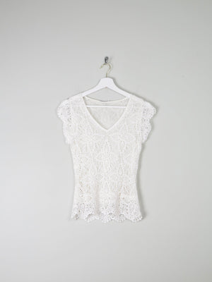 Women's Vintage White Crochet V-Neck Top S - The Harlequin
