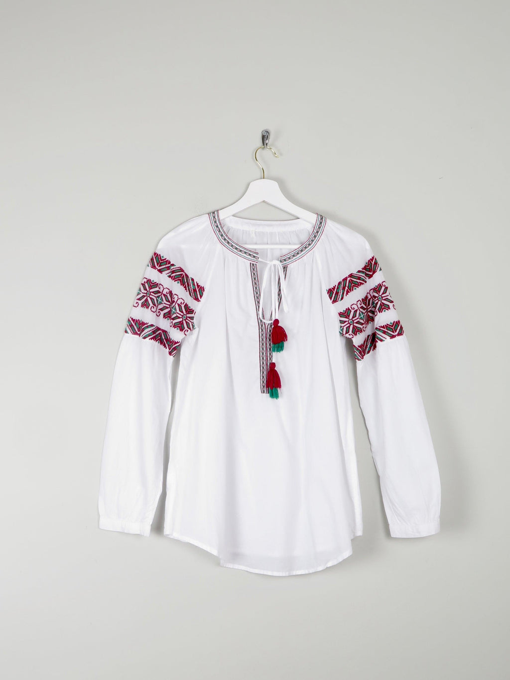 Women's White Peasant Blouse With Embroidery & Tassels S/M - The Harlequin