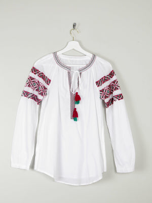 Women's White Peasant Blouse With Embroidery & Tassels S/M - The Harlequin