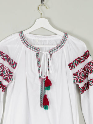 Women's White Peasant Blouse With Embroidery & Tassels S/M - The Harlequin