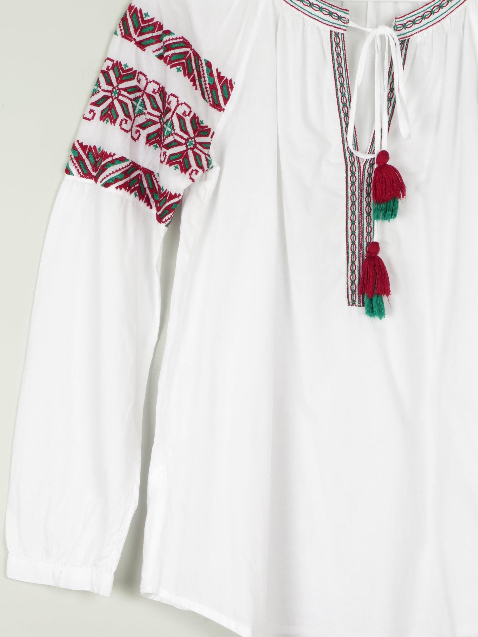 Women's White Peasant Blouse With Embroidery & Tassels S/M - The Harlequin