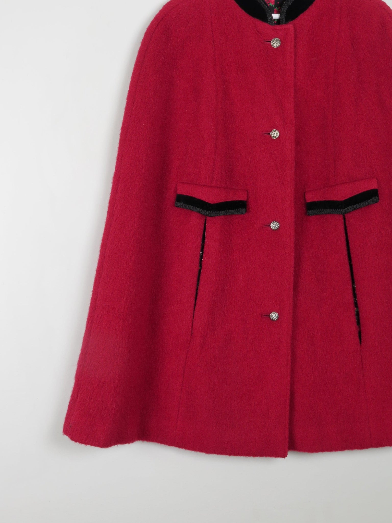 Women's Wool Cherry Red Vintage Cape M/L - The Harlequin